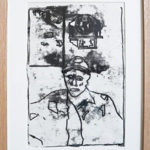 Miner monoprint (from ‘Into the Light’ exhibition, Woodhorn Museum) solid wood square profile frame 16.5 x 21.5 inches Price £50