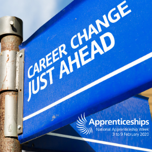Blue road sign that says 'career change just ahead'