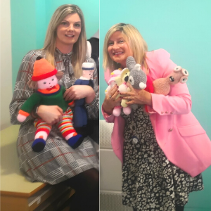 CYPS Angela O'Dell and Steph Hunter with some fo the knitted teddies