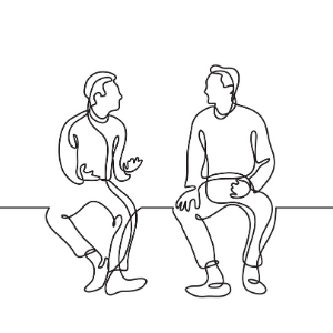 one line drawing of two sitting men talking