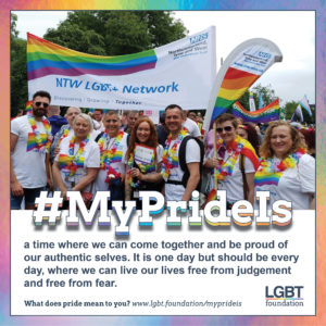 Members of the CNTW LGBT+ Staff Network at last year’s Gateshead Pride event. They are wearing lots of rainbow accessories and holding a CNTW LGBT+ Network banner. A rainbow background surrounds the image, with the text '#MyPrideIs: a time when we can come together and be proud of our authentic selves. It is one day but should be every day, where we can live our lives free fro judgement and free from fear.'
