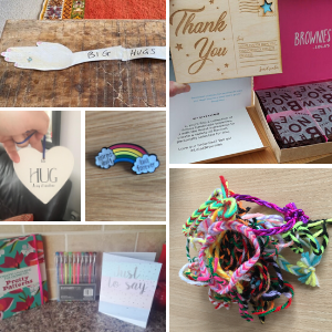 A collage of photos of badges, friendship bracelets, cards, and colouring books.
