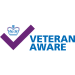 Veteran Aware logo - a crown above a blue tick, and the words 'veteran aware' in bold blue font