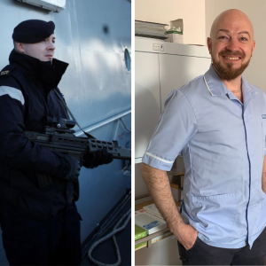 Left, Ed Warrington on duty as Quarter Master alongside the HMS Tyne; right, Ed Warrington in uniform at work as a Community Clinical Support Assistant at the Molineux Centre in Newcastle