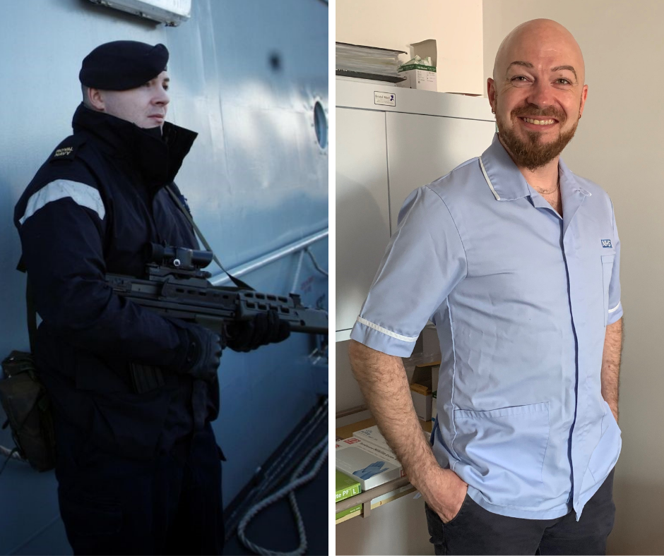 Left, Ed Warrington on duty as Quarter Master alongside the HMS Tyne; right, Ed Warrington in uniform at work as a Community Clinical Support Assistant at the Molineux Centre in Newcastle