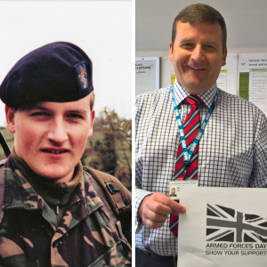 Left, Richard Lloyd serving in Northern Ireland; right, Richard Lloyd at work holding the Armed Forces Day logo