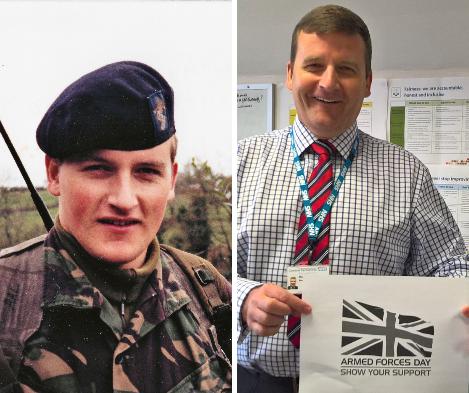 Left, Richard Lloyd serving in Northern Ireland; right, Richard Lloyd at work holding the Armed Forces Day logo