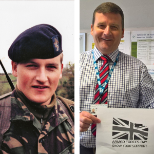 Richard Lloyd serving in Northern Ireland; Richard Lloyd at work holding the Armed Forces Day logo