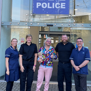 L-R Amii Soulsby, Criminal Justice Liaison & Diversion Clinical Lead; Custody Sergeant Helen Davison; Richie Smith; Custody Sergeant Dave Russell; and Michael Blakey, Criminal Justice Liaison and Diversion Team Manager
