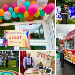 Collage of photos from the 'G Fest' Summer Festival featuring staff and stalls on the day