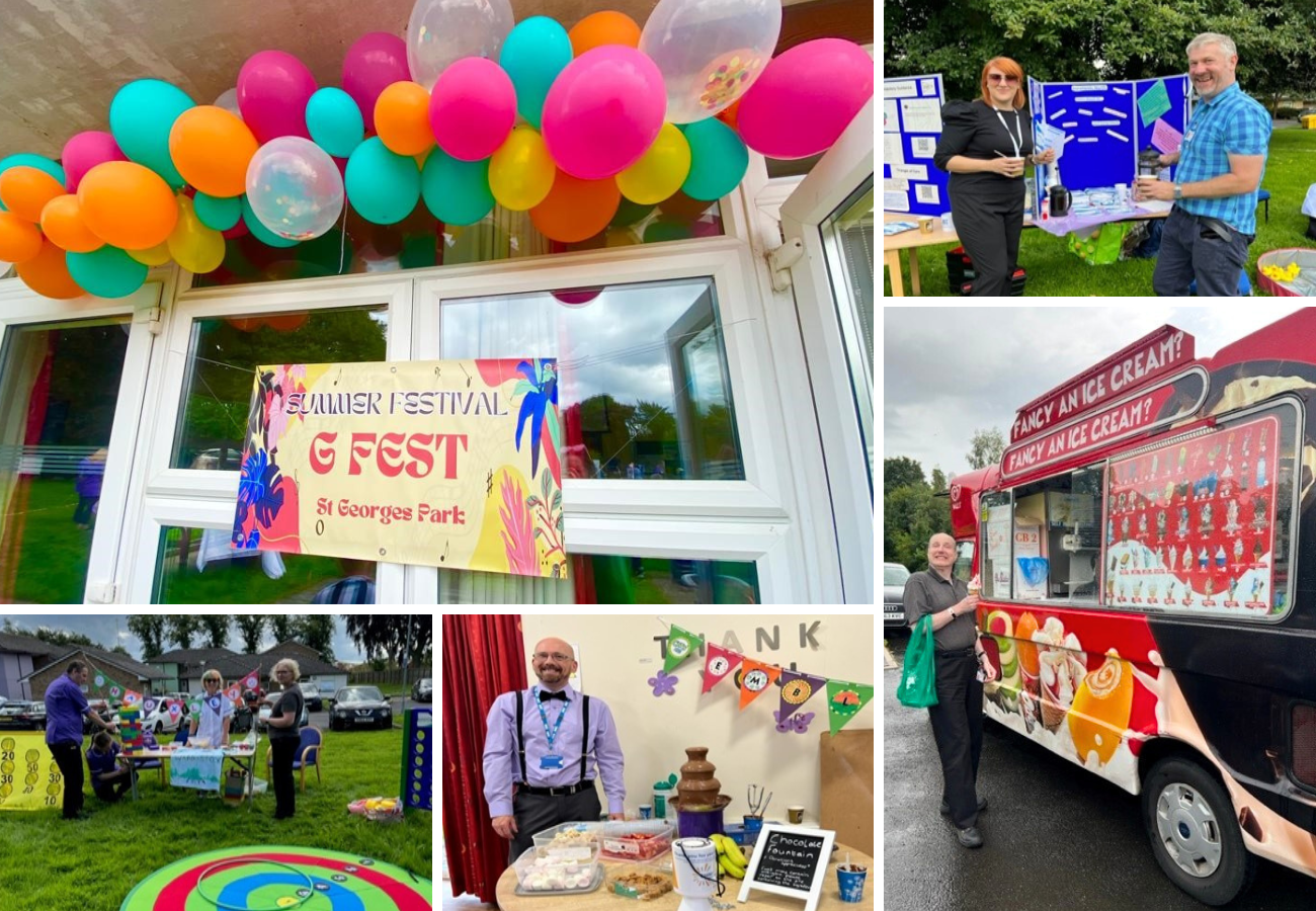 Collage of photos from the 'G Fest' Summer Festival featuring staff and stalls on the day