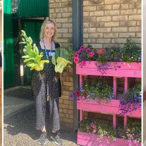 Team group photo alongside a bike, next to a photo of a memeber of staff standing next to a colourful wall planter with flowers, next to an image of two memebrs of staff holding HUG sensory tools