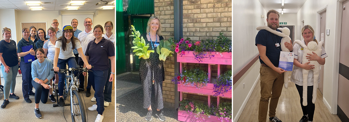 Team group photo alongside a bike, next to a photo of a memeber of staff standing next to a colourful wall planter with flowers, next to an image of two memebrs of staff holding HUG sensory tools