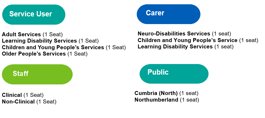 Service User Adult Services (1 Seat) Learning Disability Services (1 Seat) Children and Young People's Services (1 Seat) Older People's Services (1 Seat) Carer Neuro-Disability Services (1 Seat) Children and Young People's Services (1 Seat) Learning Disability Services (1 Seat) Staff Clinical (1 Seat) Non-Clinical (1 Seat) Public Cumbria (North) (1 Seat) Northumberland (1 Seat)