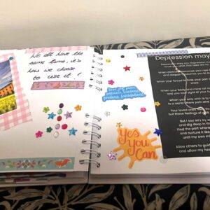 Scrapbook pages decorated with quotes and sequins