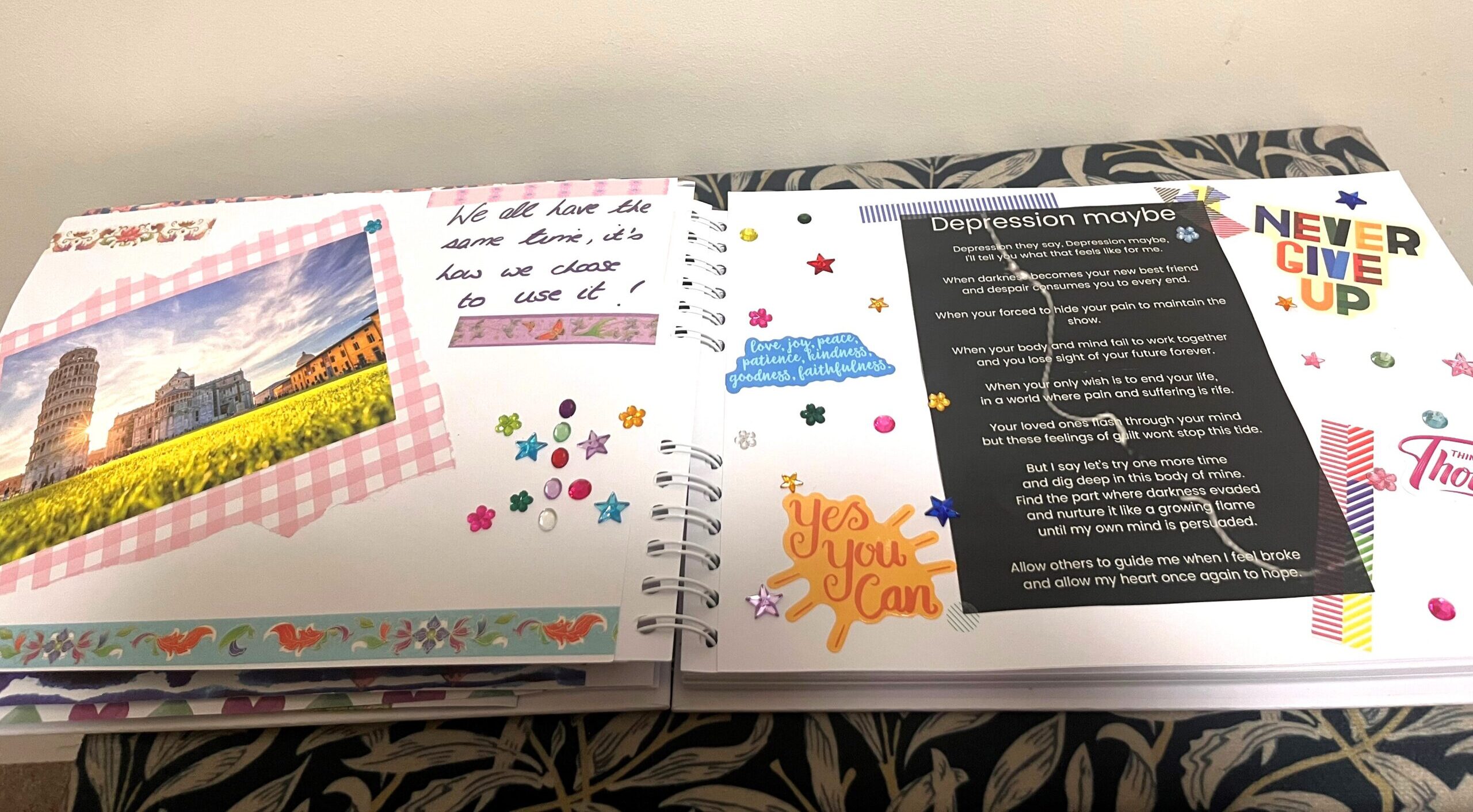 Scrapbook pages decorated with quotes and sequins