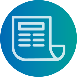 Small round blue/green circle with a white newsletter in the centre