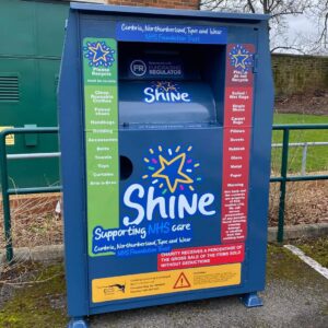 SHINE Textile bin in the carpark at St Nicholas Hospital
