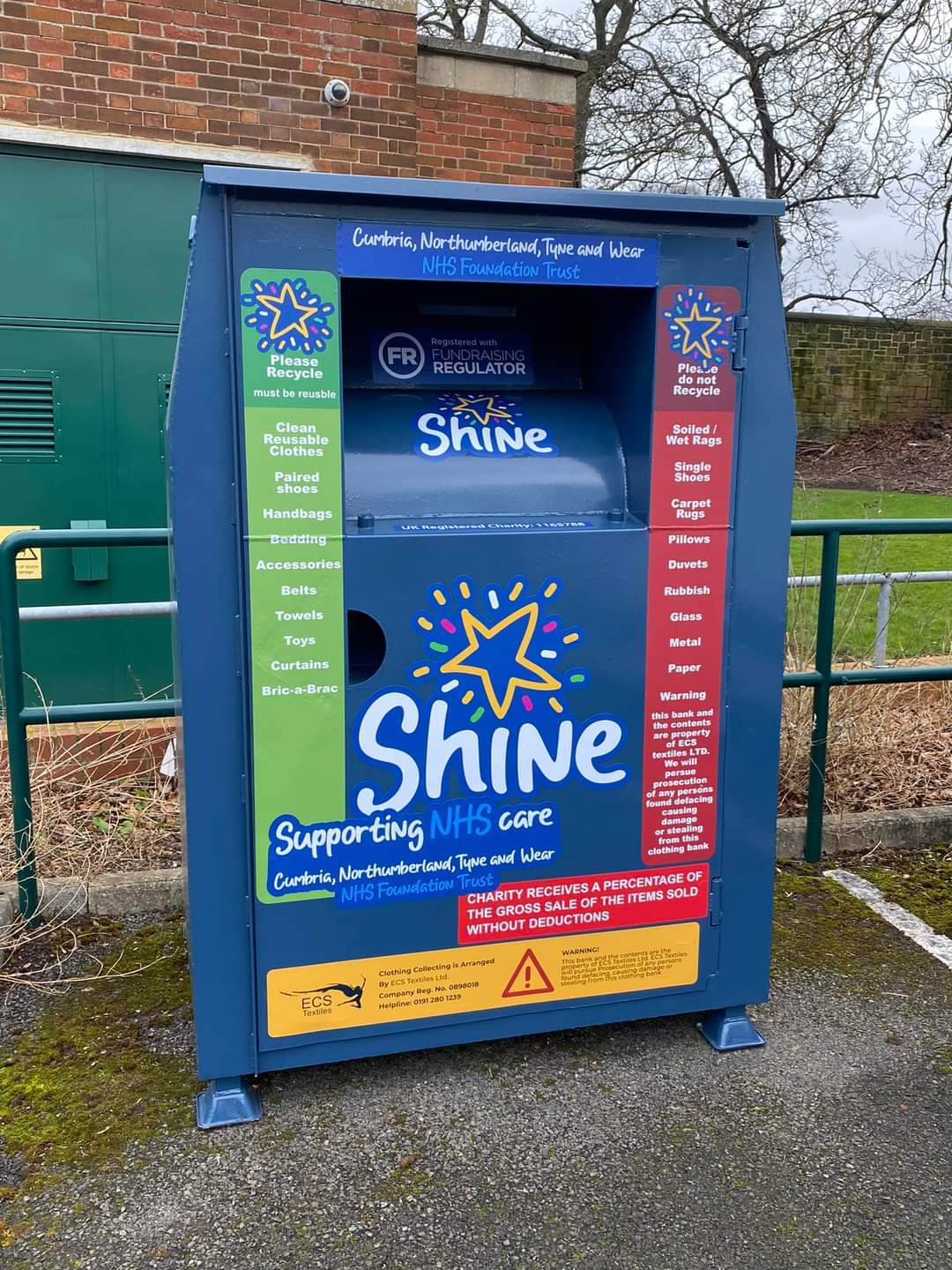 SHINE Textile bin in the carpark at St Nicholas Hospital