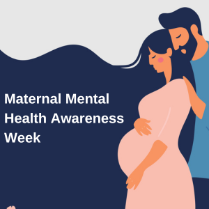 Pregnant woman and man standing behind her next to the words Maternal Mental Health Awareness Week.