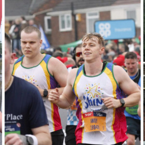 3 photos of our Great North Run 2024 runners. Runners taking part in the half-marathon wearing SHINE running vests and smiling at the camera