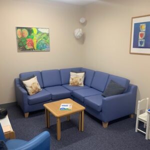 Blue sofa with cushions and a wooden coffee table