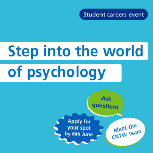 A graphic showing the title of the event 'step into the world of psychology'. A light blue background with dark blue text.